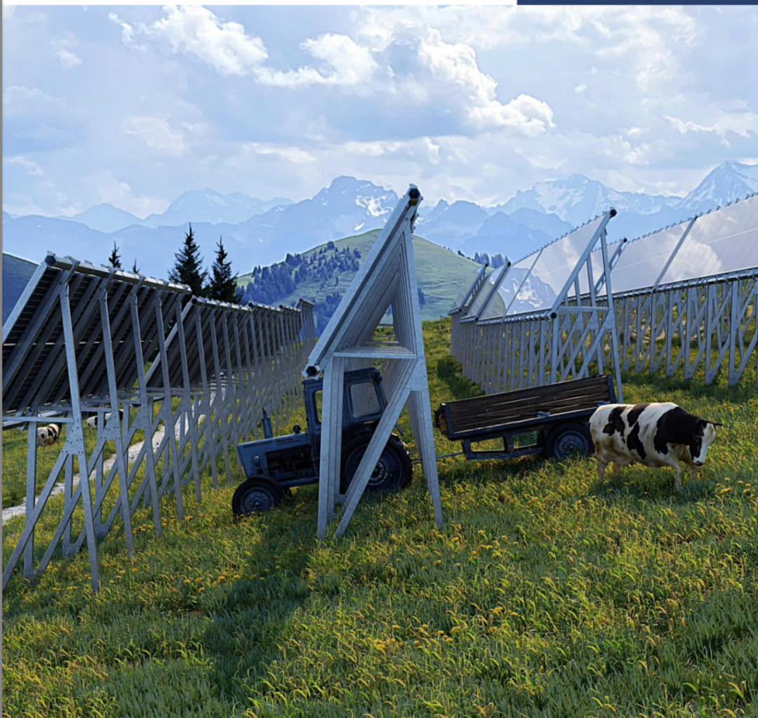 A rendering of what a future solar site could look like. Sufficient space for both animals and machines to pass under. |  SolSarine AG