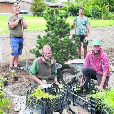 «Naturnah heisst nicht Verzicht, sondern Bereicherung» - Nübling im Endspurt beim neuen Doppelkindergarten Seengen (v. l.): Woytec, Sascha, Simon, Marco. Bild: rts