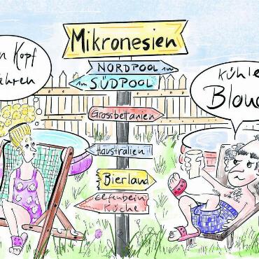 Trotz Hitze cool bleiben - «Die Hitze macht mich mängisch ächli grantig, bin genervt... und muss mich ständig abkühlen und kühlen Kopf bewahren», schreibt die Karikaturistin. «Da kommt es schon auch mal zu einer hitzigen Diskussion.» Nur: Sie nehme dann auch gern «ein kühles Blondes». Bild: Etschgi