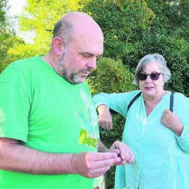 Die Kraft der Baumwurzel - Patrick Schmid erläutert die Funktion und Wichtigkeit der Baumwurzeln anhand eines Sprösslings an Marianne Keusch, Präsidentin der Grünen. Bilder: wam