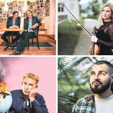 Der ganz bunte Kulturstrauss - Vier von insgesamt 19 Programmpunkten: Mundart-Autor Pedro Lenz mit Christian Brantschen (links oben), die slowenische Violinistin Tanja Sonc, Satiriker Michael Elsener (links unten) und der einheimische Poetry Slammer Jeremy Chavez. Bilder: zg