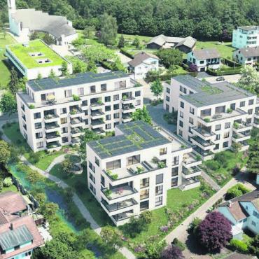 Gebiet mit Potenzial - Die Visualisierung der Überbauung Bachpark. Das Haus C ganz rechts steht auf Beriker Boden. Die anderen beiden Mehrfamilienhäuser gehören zur Gemeinde Widen. Bild: zg