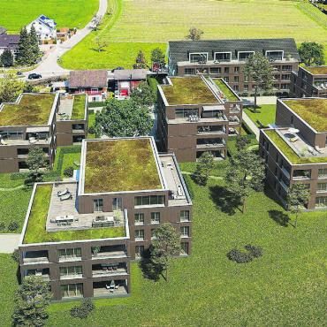 Wachstumsschub für das Dorf - So soll die neue Überbauung «Breite II» künftig aussehen. Auffallen tun die sechs Gebäudekörper, die versetzt zueinander angeordnet werden. Bilder: zg / Roger Wetli