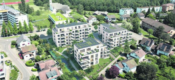Die Visualisierung der Überbauung Bachpark. Das Haus C ganz rechts steht auf Beriker Boden. Die anderen beiden Mehrfamilienhäuser gehören zur Gemeinde Widen. Bild: zg