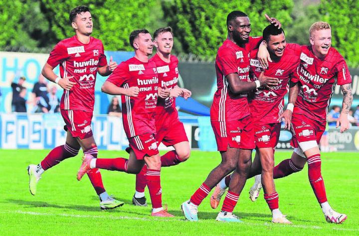 Lulzim Aliu (2. von links) bejubelt mit seinen Teamkollegen den 1:1-Ausgleichstreffer gegen den FC Wohlen. Er hofft, dass er mit seinem neuen Verein schon gegen Rotkreuz den ersten Saisonsieg einfahren kann. Bild: Archiv/spr